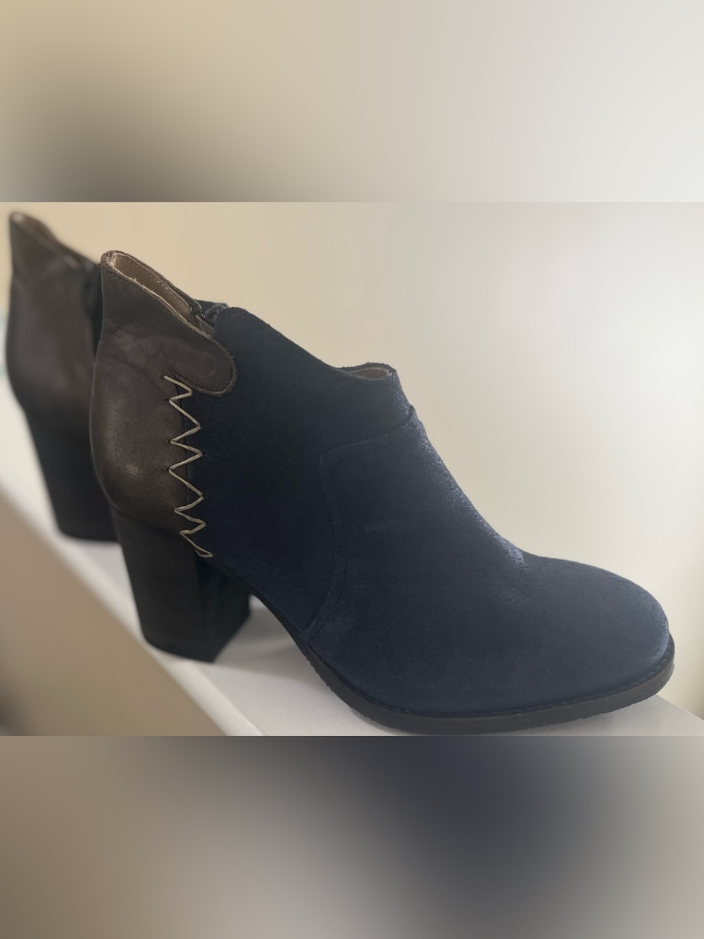 Women's Navy Suede Chunky Heel Ankle Boot with Contrast Back